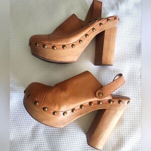 Jeffrey Campbell Tan Mules with Chunky Wooden Platform and Gold Studs